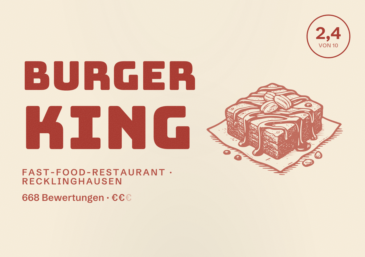 Illustriertes Poster von Burger King, Fast-Food-Restaurant in Recklinghausen: Bewertung 2,4 von 10 aus 668 Bewertungen, Preisniveau €€