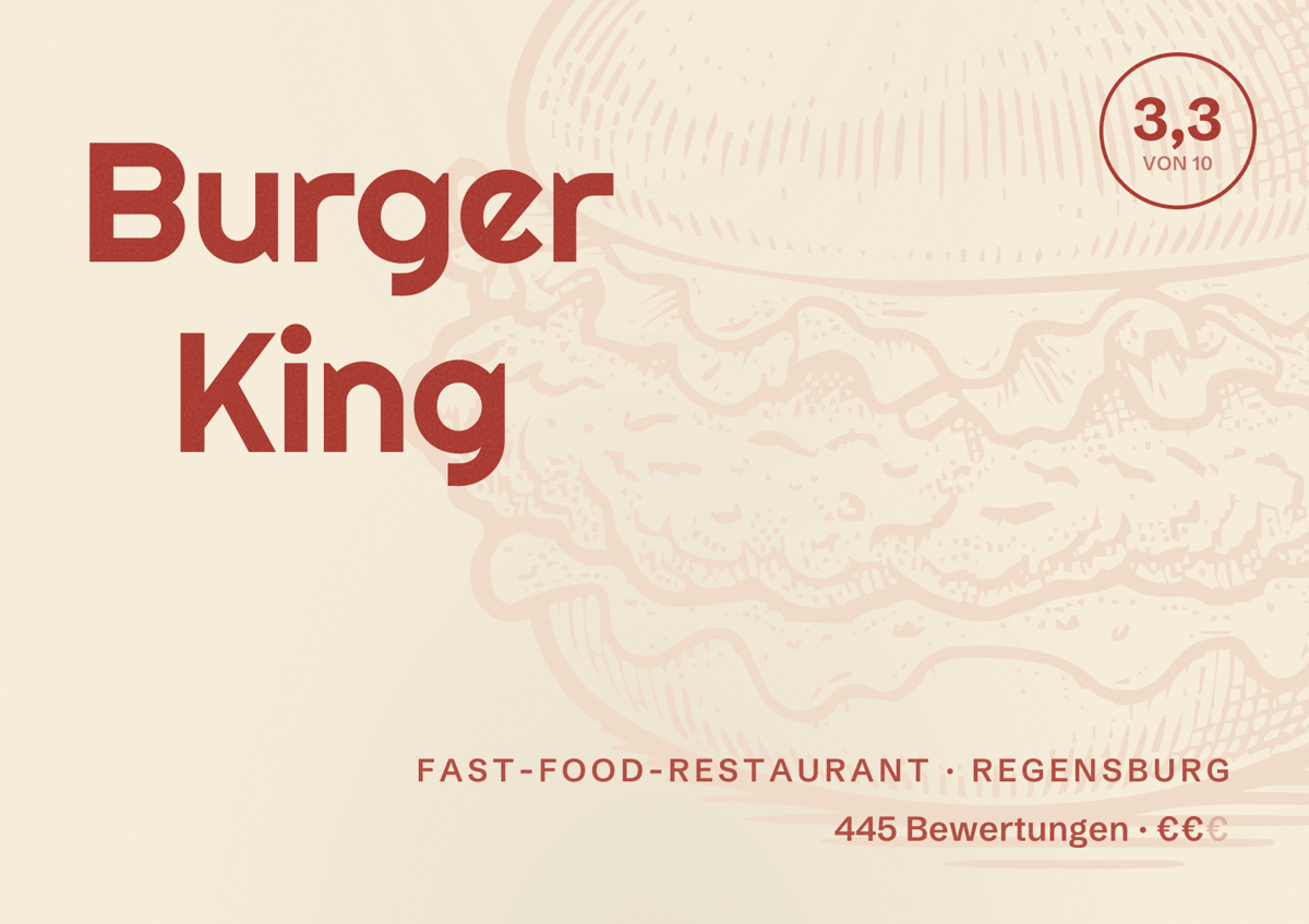 Illustriertes Poster von Burger King, Fast-Food-Restaurant in Regensburg: Bewertung 3,3 von 10 aus 445 Bewertungen, Preisniveau €€