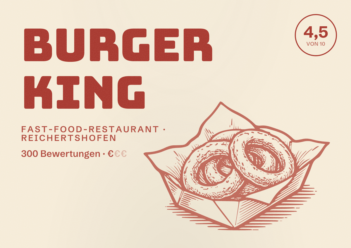 Illustriertes Poster von Burger King, Fast-Food-Restaurant in Reichertshofen: Bewertung 4,5 von 10 aus 300 Bewertungen, Preisniveau €