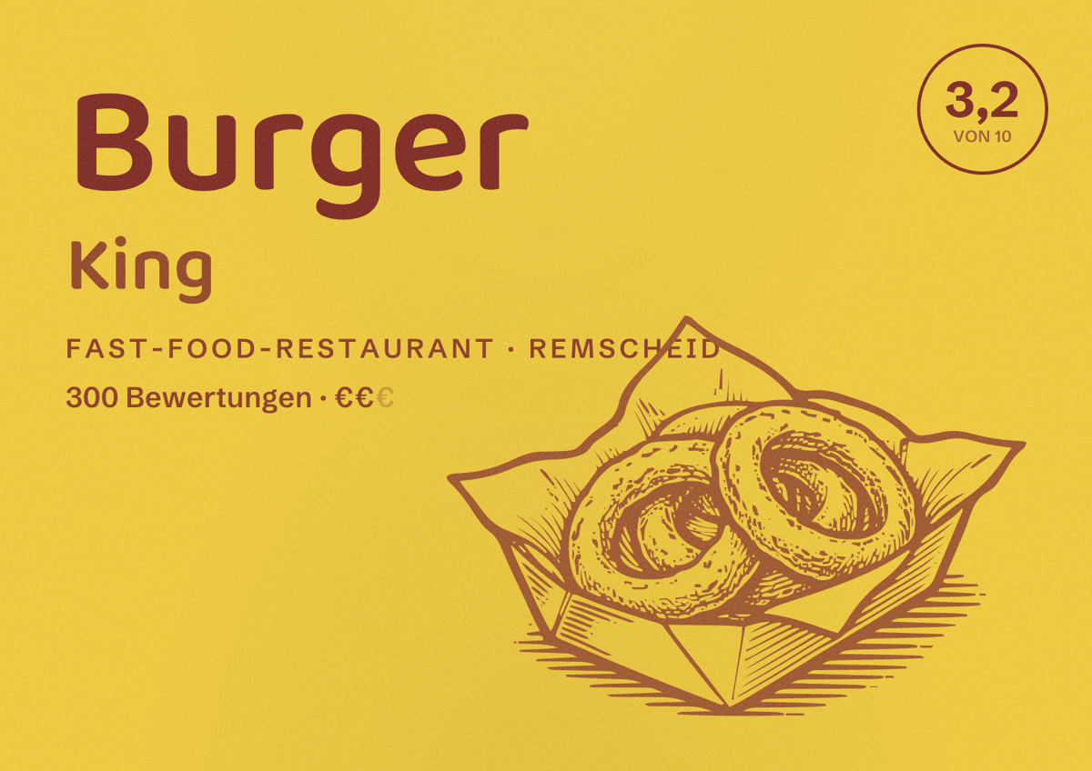Illustriertes Poster von Burger King, Fast-Food-Restaurant in Remscheid: Bewertung 3,2 von 10 aus 300 Bewertungen, Preisniveau €€
