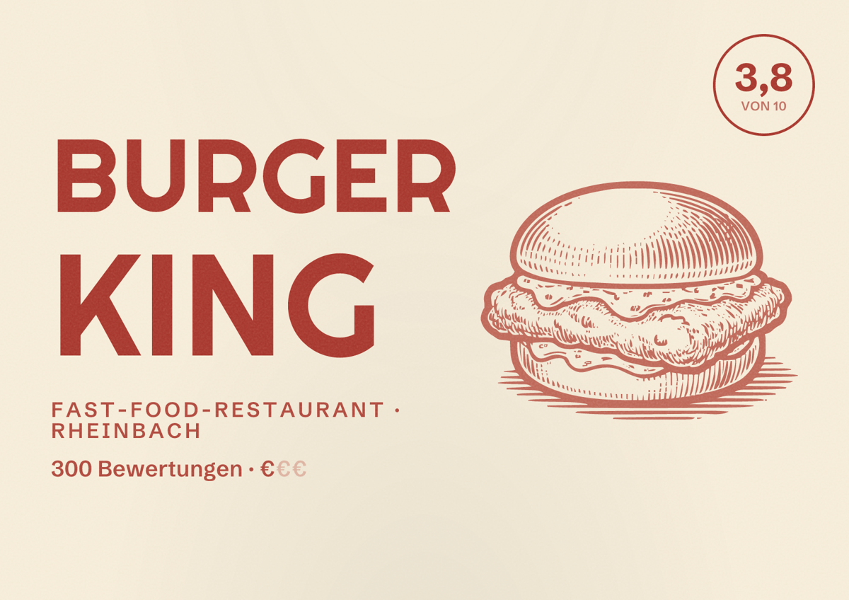 Illustriertes Poster von Burger King, Fast-Food-Restaurant in Rheinbach: Bewertung 3,8 von 10 aus 300 Bewertungen, Preisniveau €