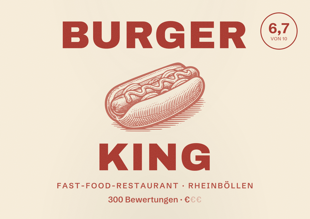 Illustriertes Poster von Burger King, Fast-Food-Restaurant in Rheinböllen: Bewertung 6,7 von 10 aus 300 Bewertungen, Preisniveau €
