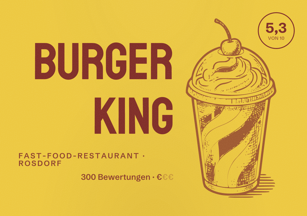 Illustriertes Poster von Burger King, Fast-Food-Restaurant in Rosdorf: Bewertung 5,3 von 10 aus 300 Bewertungen, Preisniveau €