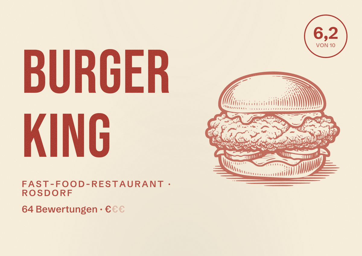 Illustriertes Poster von Burger King, Fast-Food-Restaurant in Rosdorf: Bewertung 6,2 von 10 aus 64 Bewertungen, Preisniveau €