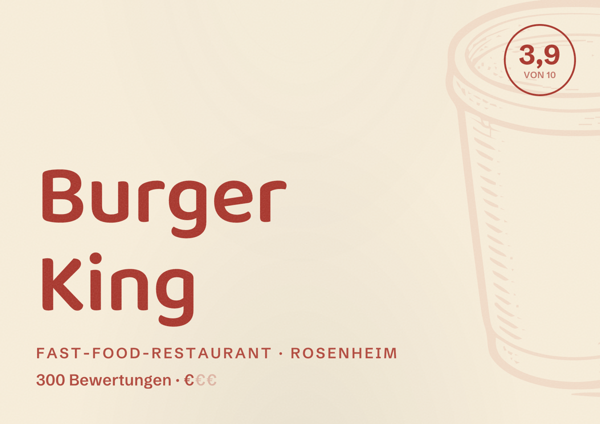 Illustriertes Poster von Burger King, Fast-Food-Restaurant in Rosenheim: Bewertung 3,9 von 10 aus 300 Bewertungen, Preisniveau €