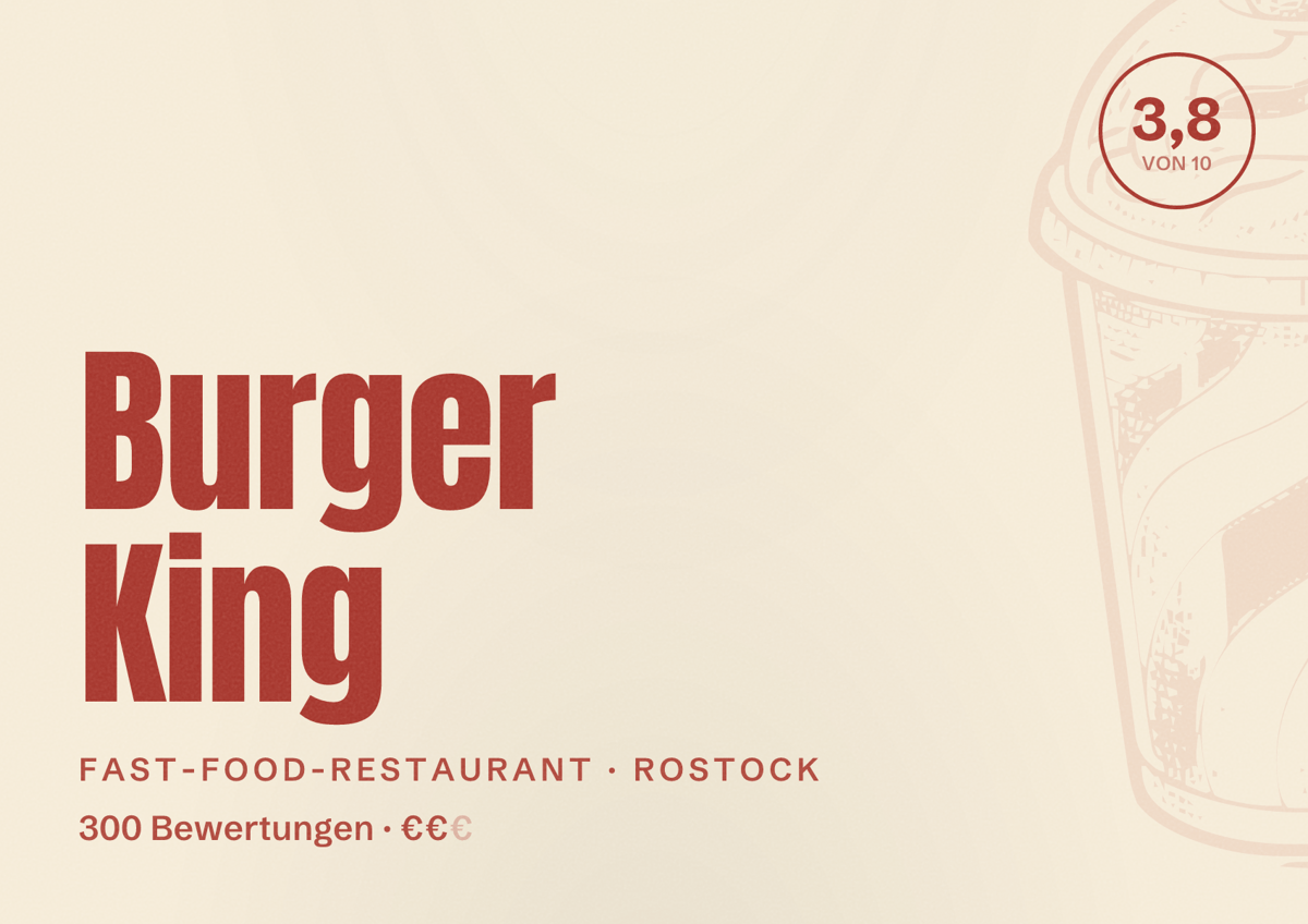 Illustriertes Poster von Burger King, Fast-Food-Restaurant in Rostock: Bewertung 3,8 von 10 aus 300 Bewertungen, Preisniveau €€