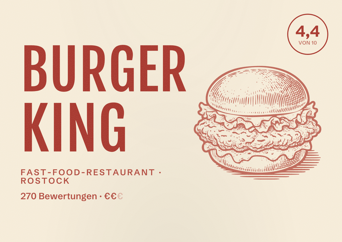 Illustriertes Poster von Burger King, Fast-Food-Restaurant in Rostock: Bewertung 4,4 von 10 aus 270 Bewertungen, Preisniveau €€
