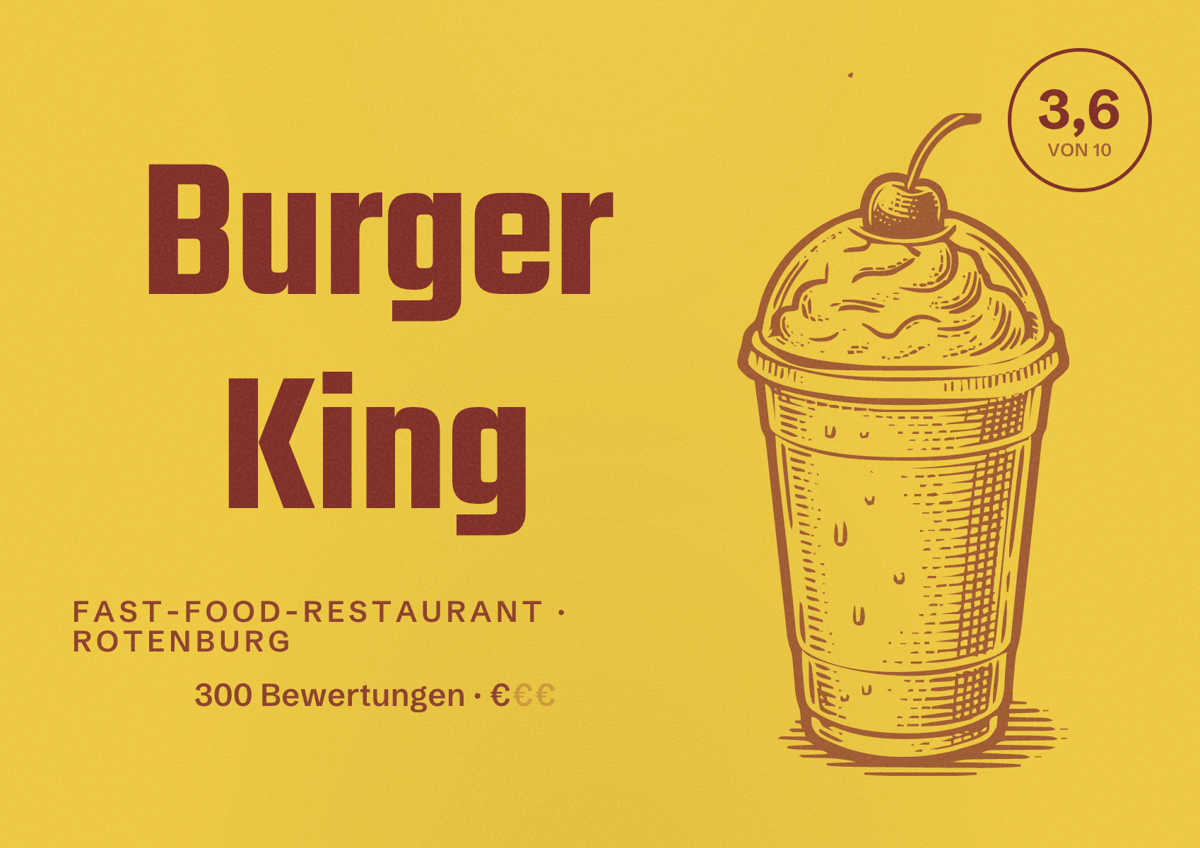 Illustriertes Poster von Burger King, Fast-Food-Restaurant in Rotenburg: Bewertung 3,6 von 10 aus 300 Bewertungen, Preisniveau €