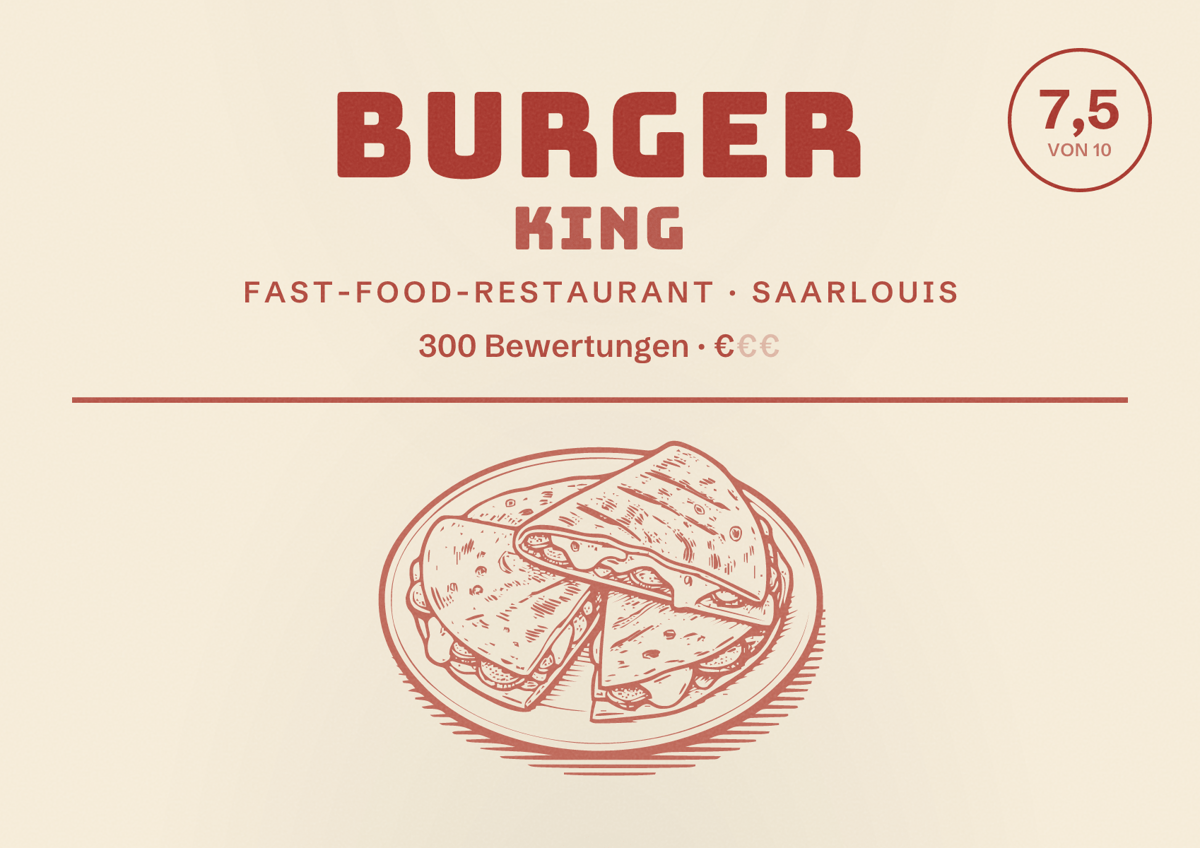 Illustriertes Poster von Burger King, Fast-Food-Restaurant in Saarlouis: Bewertung 7,5 von 10 aus 300 Bewertungen, Preisniveau €