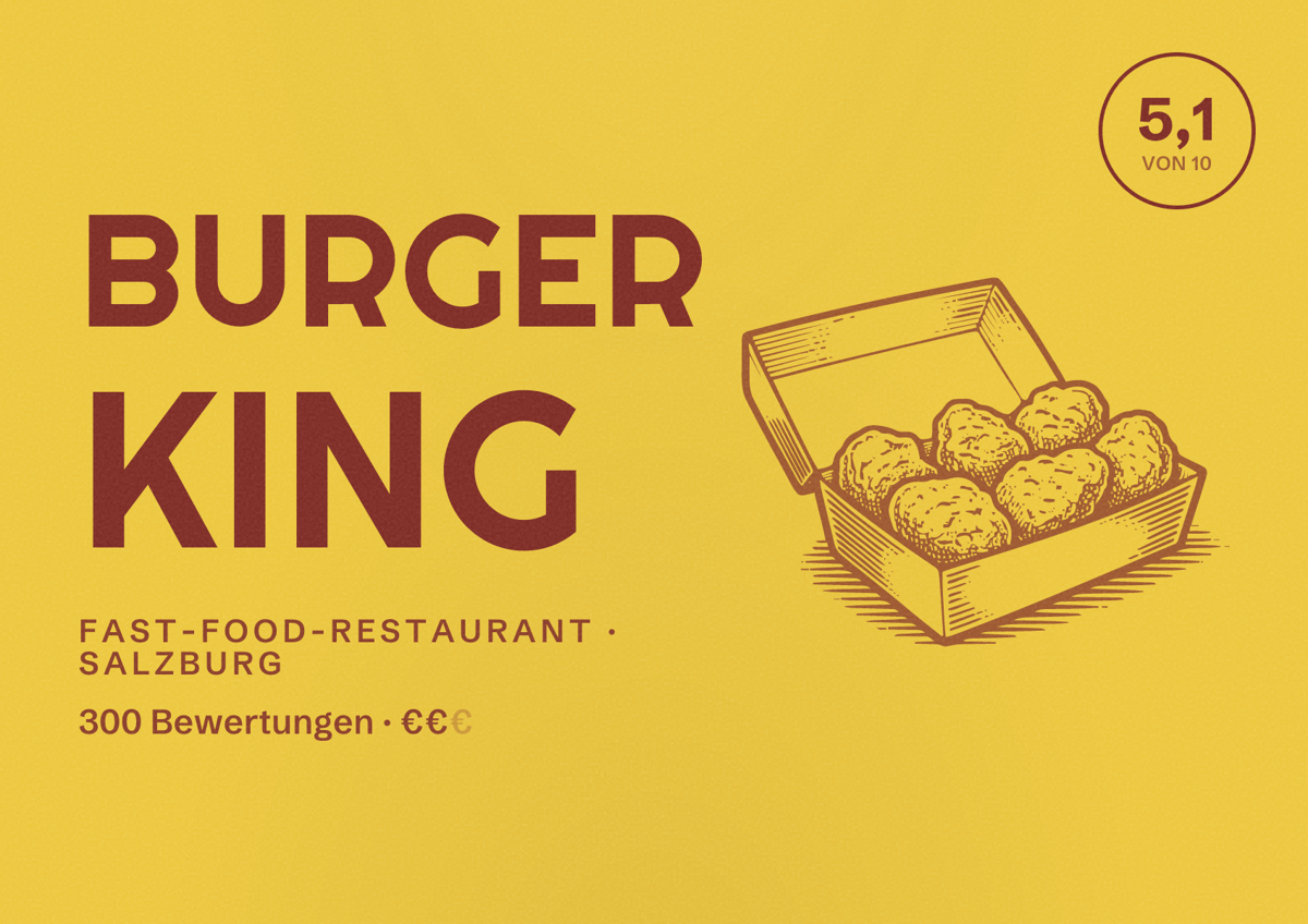 Illustriertes Poster von BURGER KING, Fast-Food-Restaurant in Salzburg: Bewertung 5,1 von 10 aus 300 Bewertungen, Preisniveau €€