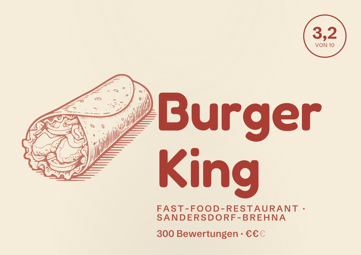 Illustriertes Poster von Burger King, Fast-Food-Restaurant in Sandersdorf-Brehna: Bewertung 3,2 von 10 aus 300 Bewertungen, Preisniveau €€