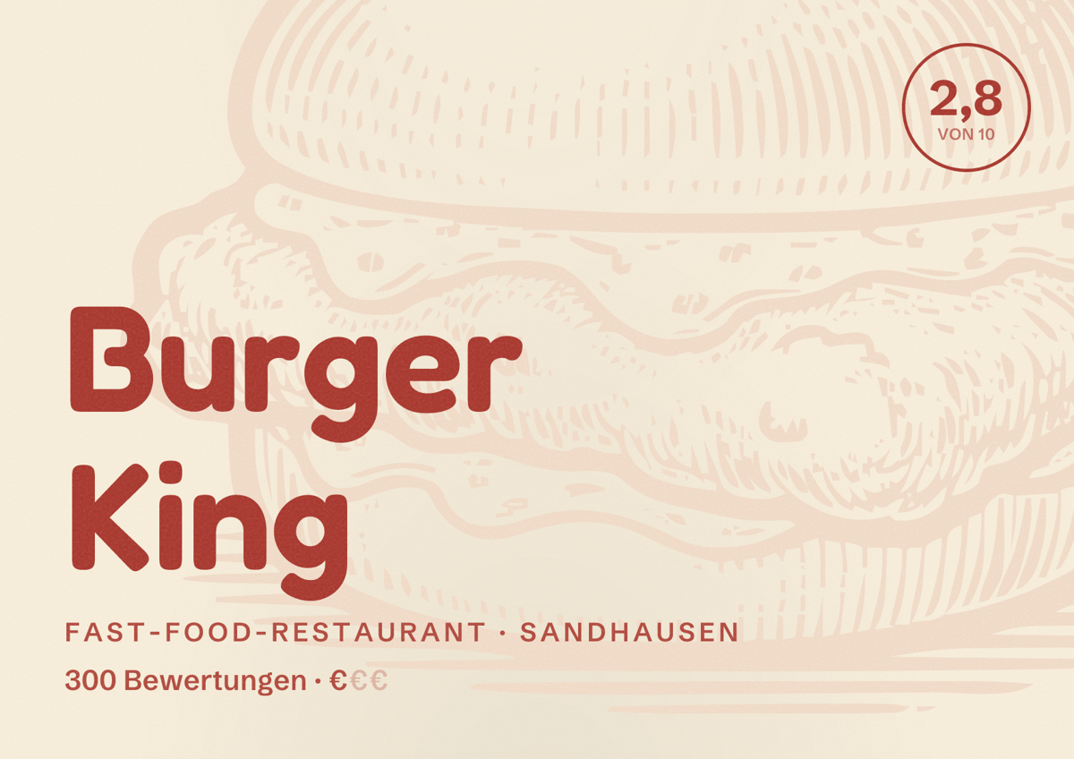 Illustriertes Poster von Burger King, Fast-Food-Restaurant in Sandhausen: Bewertung 2,8 von 10 aus 300 Bewertungen, Preisniveau €