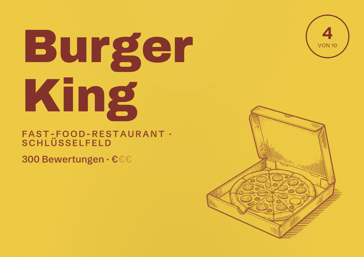 Illustriertes Poster von Burger King, Fast-Food-Restaurant in Schlüsselfeld: Bewertung 4 von 10 aus 300 Bewertungen, Preisniveau €