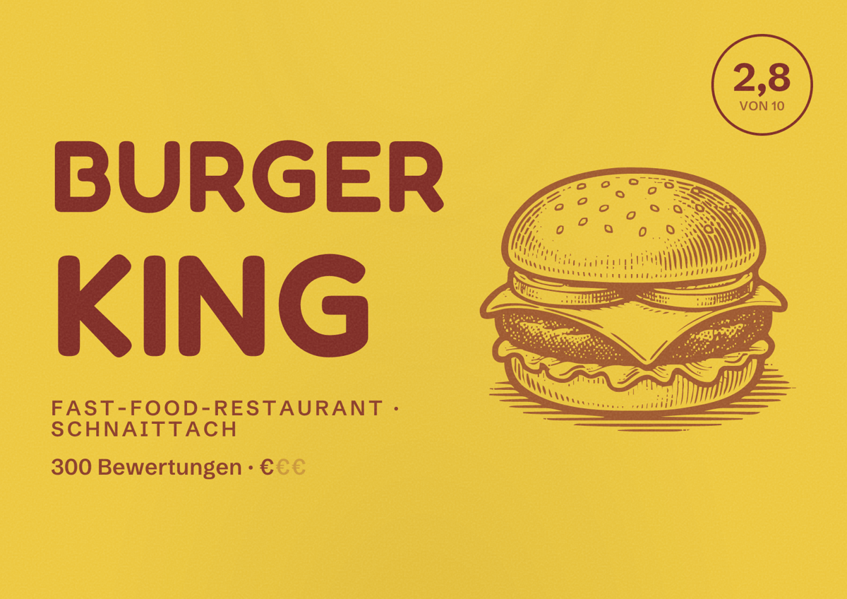 Illustriertes Poster von Burger King, Fast-Food-Restaurant in Schnaittach: Bewertung 2,8 von 10 aus 300 Bewertungen, Preisniveau €