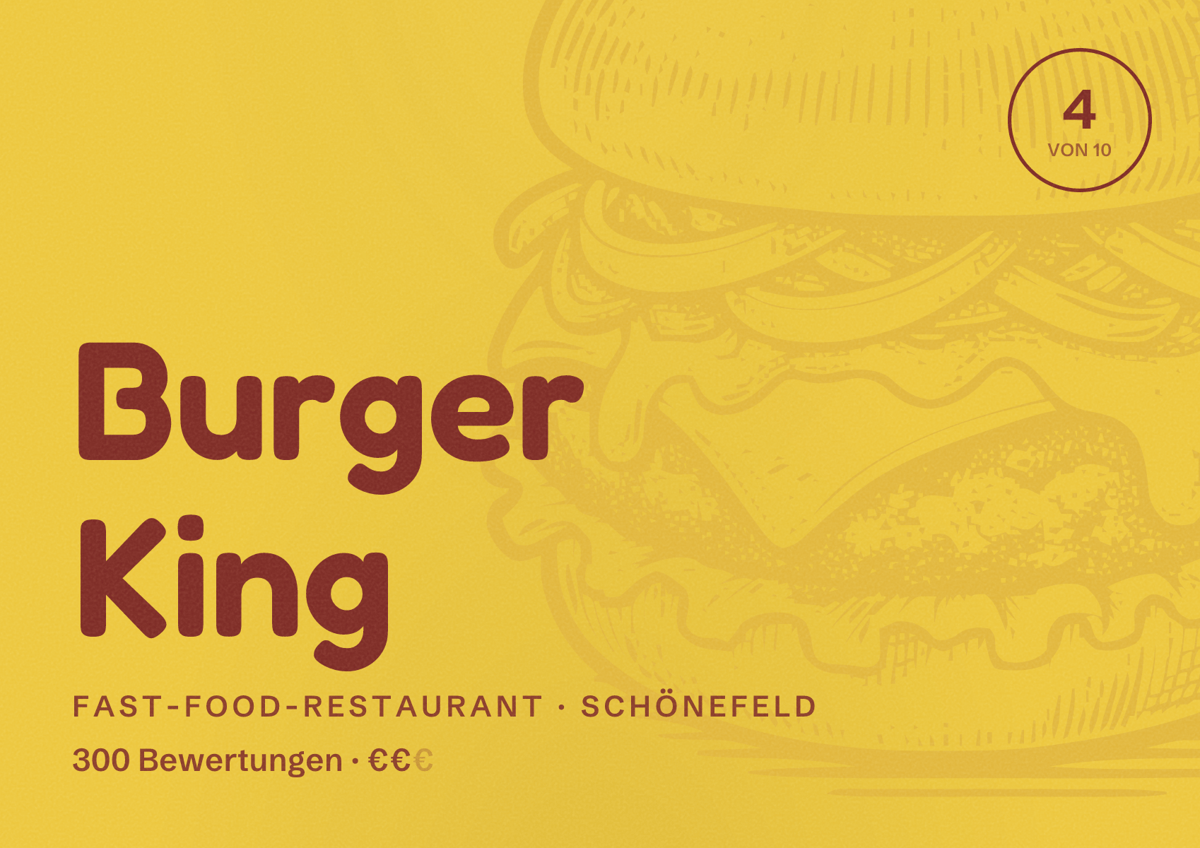 Illustriertes Poster von Burger King, Fast-Food-Restaurant in Schönefeld: Bewertung 4 von 10 aus 300 Bewertungen, Preisniveau €€