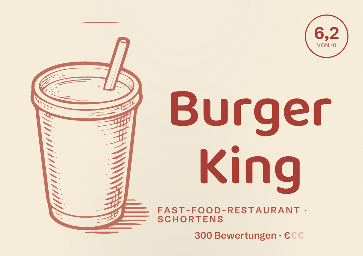 Illustriertes Poster von Burger King, Fast-Food-Restaurant in Schortens: Bewertung 6,2 von 10 aus 300 Bewertungen, Preisniveau €