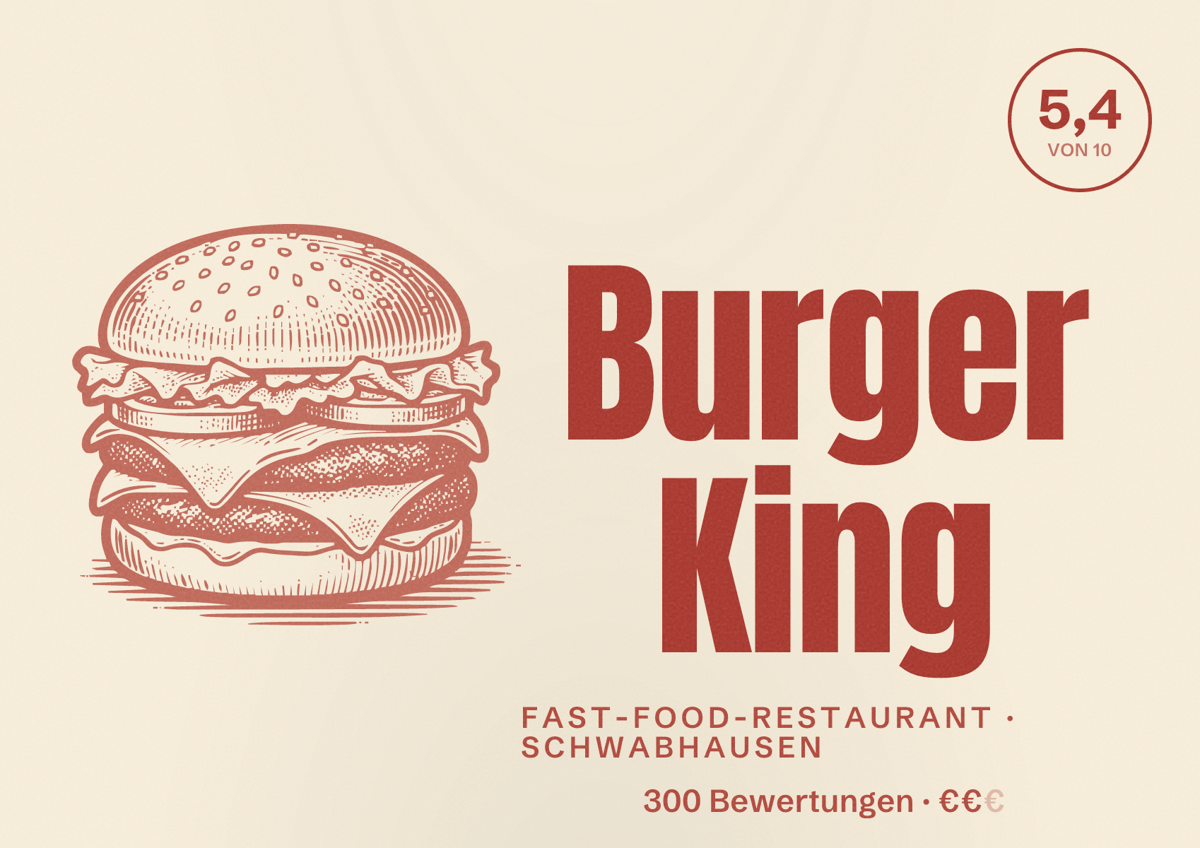Illustriertes Poster von Burger King, Fast-Food-Restaurant in Schwabhausen: Bewertung 5,4 von 10 aus 300 Bewertungen, Preisniveau €€