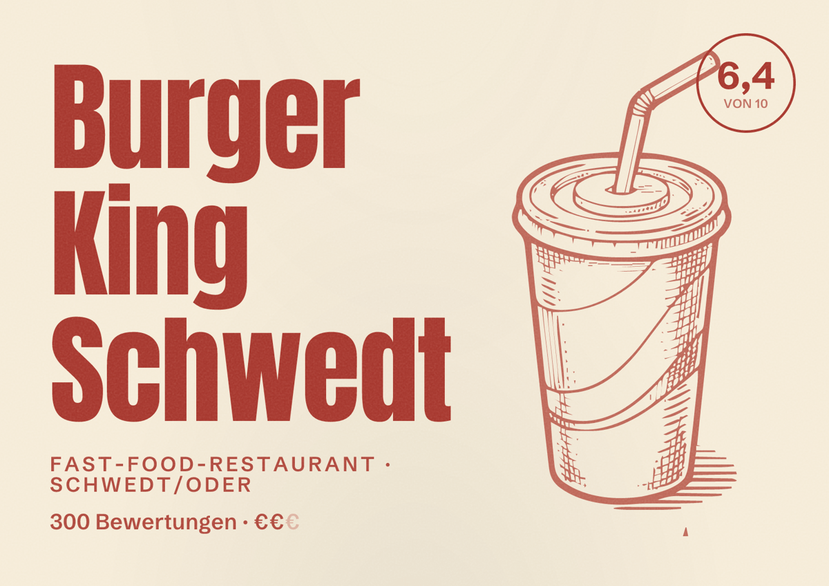 Illustriertes Poster von Burger King Schwedt, Fast-Food-Restaurant in Schwedt/Oder: Bewertung 6,4 von 10 aus 300 Bewertungen, Preisniveau €€