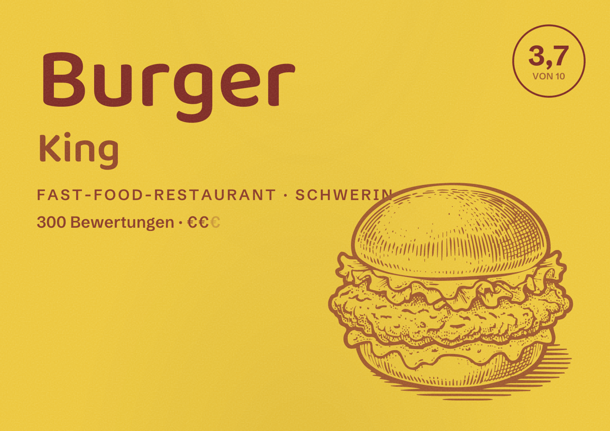 Illustriertes Poster von Burger King, Fast-Food-Restaurant in Schwerin: Bewertung 3,7 von 10 aus 300 Bewertungen, Preisniveau €€