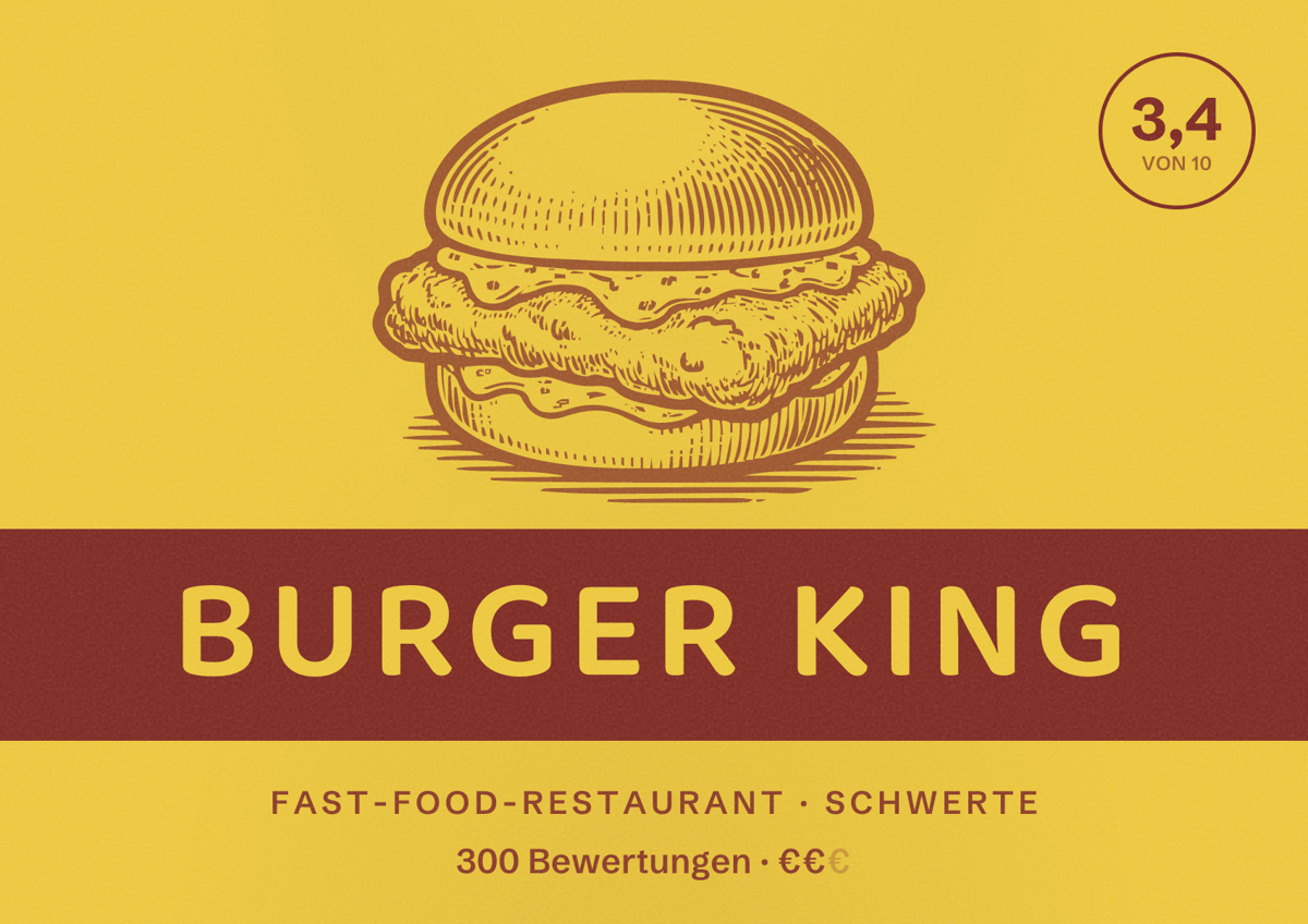 Illustriertes Poster von Burger King, Fast-Food-Restaurant in Schwerte: Bewertung 3,4 von 10 aus 300 Bewertungen, Preisniveau €€