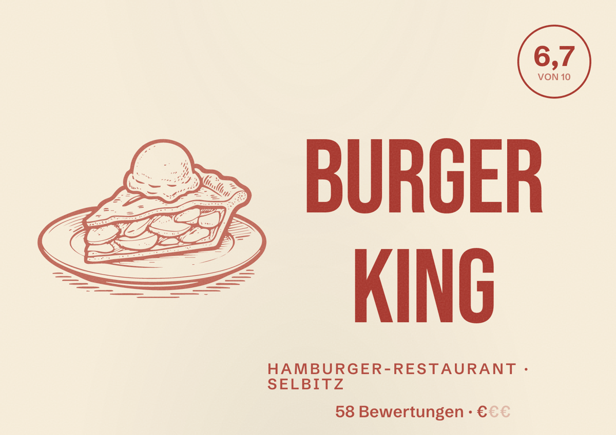 Illustriertes Poster von Burger King, Hamburger-Restaurant in Selbitz: Bewertung 6,7 von 10 aus 58 Bewertungen, Preisniveau €