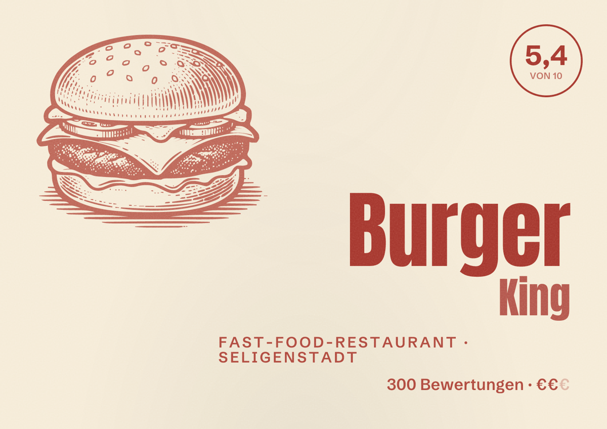Illustriertes Poster von Burger King, Fast-Food-Restaurant in Seligenstadt: Bewertung 5,4 von 10 aus 300 Bewertungen, Preisniveau €€