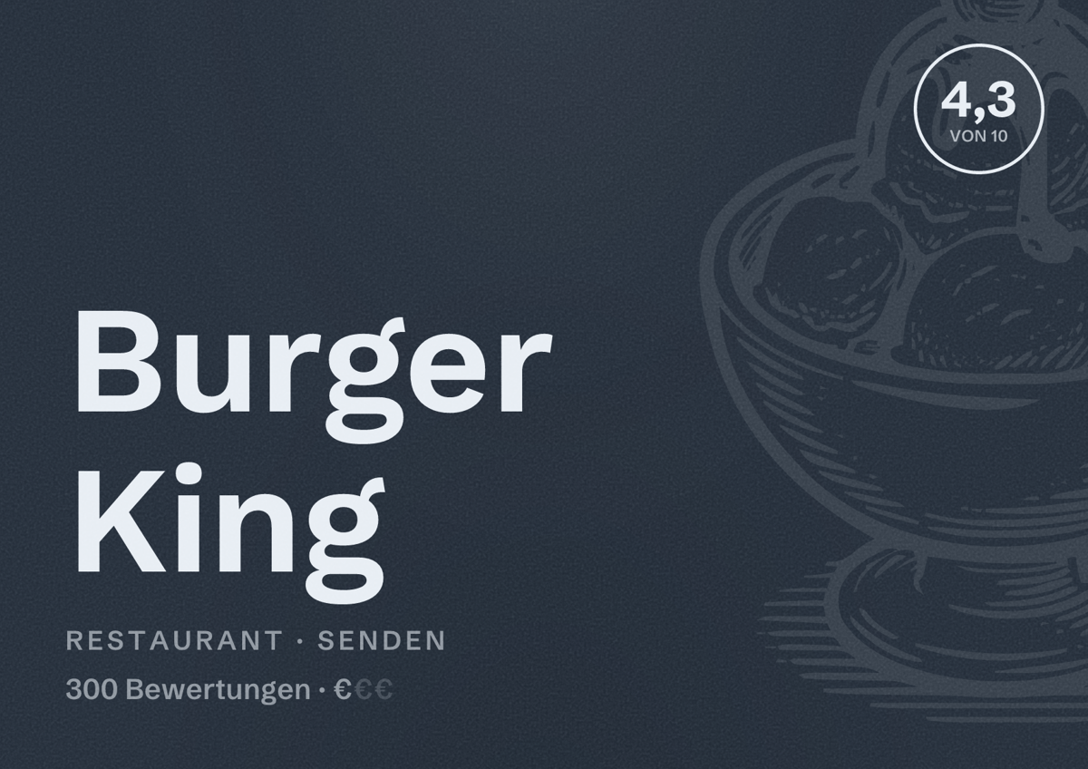 Illustriertes Poster von Burger King, Restaurant in Senden: Bewertung 4,3 von 10 aus 300 Bewertungen, Preisniveau €
