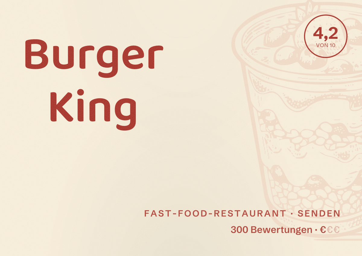 Illustriertes Poster von Burger King, Fast-Food-Restaurant in Senden: Bewertung 4,2 von 10 aus 300 Bewertungen, Preisniveau €