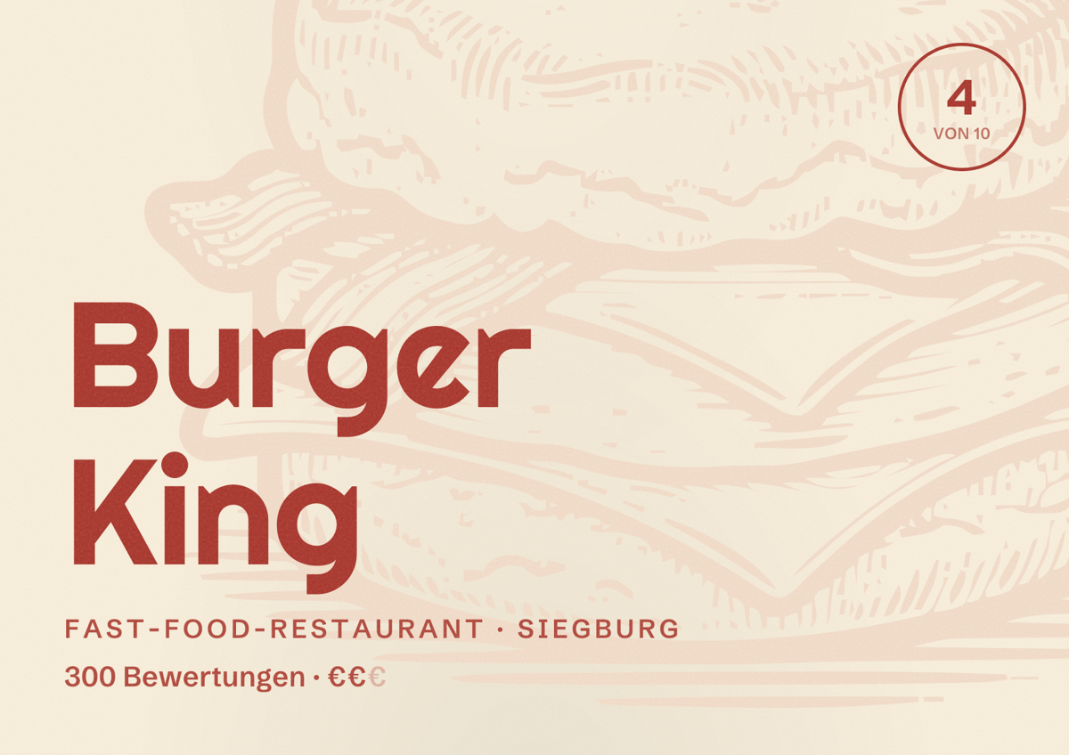 Illustriertes Poster von Burger King, Fast-Food-Restaurant in Siegburg: Bewertung 4 von 10 aus 300 Bewertungen, Preisniveau €€
