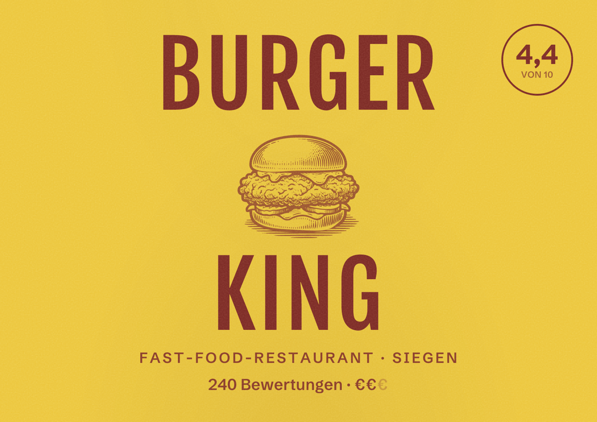 Illustriertes Poster von Burger King, Fast-Food-Restaurant in Siegen: Bewertung 4,4 von 10 aus 240 Bewertungen, Preisniveau €€