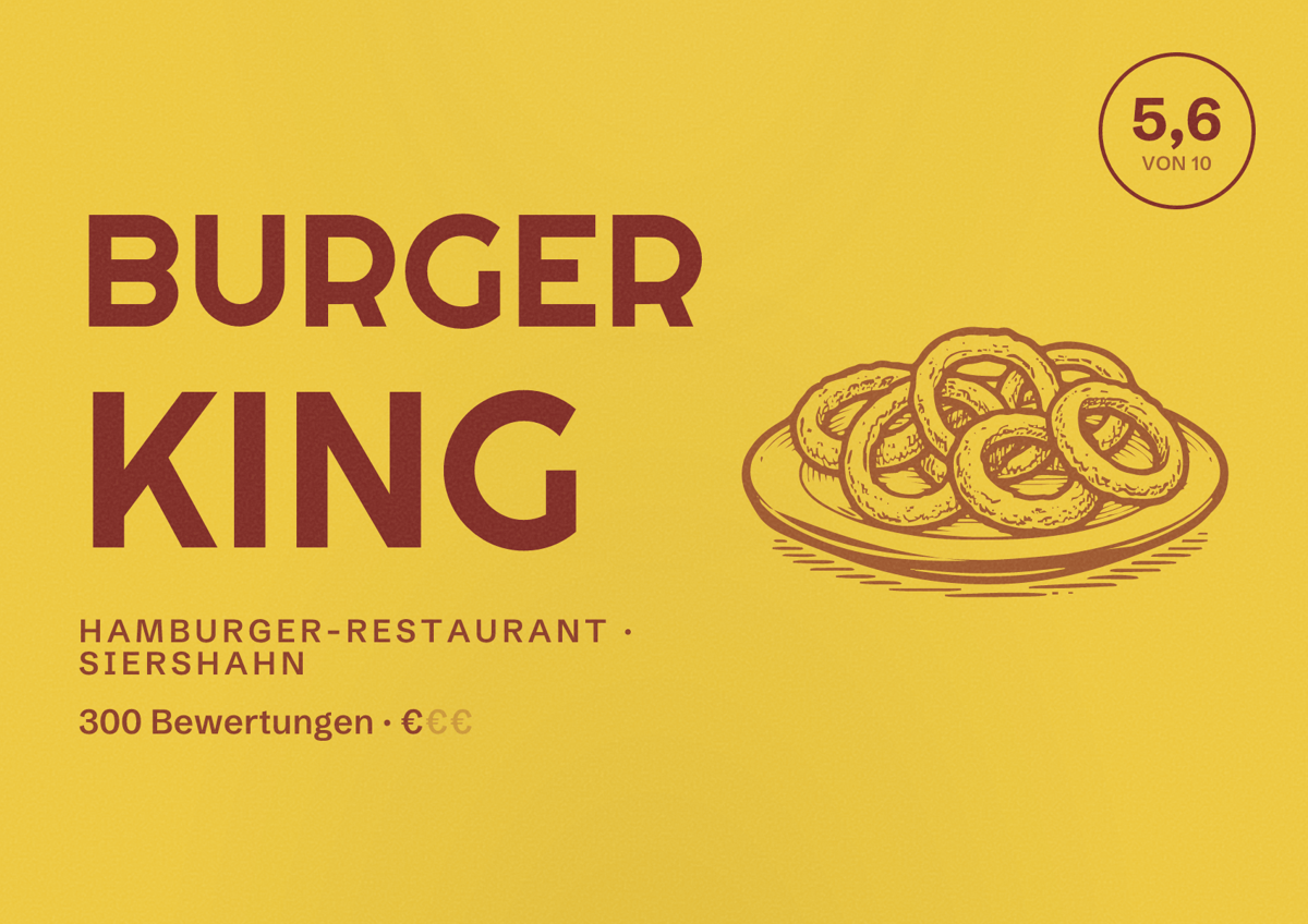 Illustriertes Poster von Burger King, Hamburger-Restaurant in Siershahn: Bewertung 5,6 von 10 aus 300 Bewertungen, Preisniveau €
