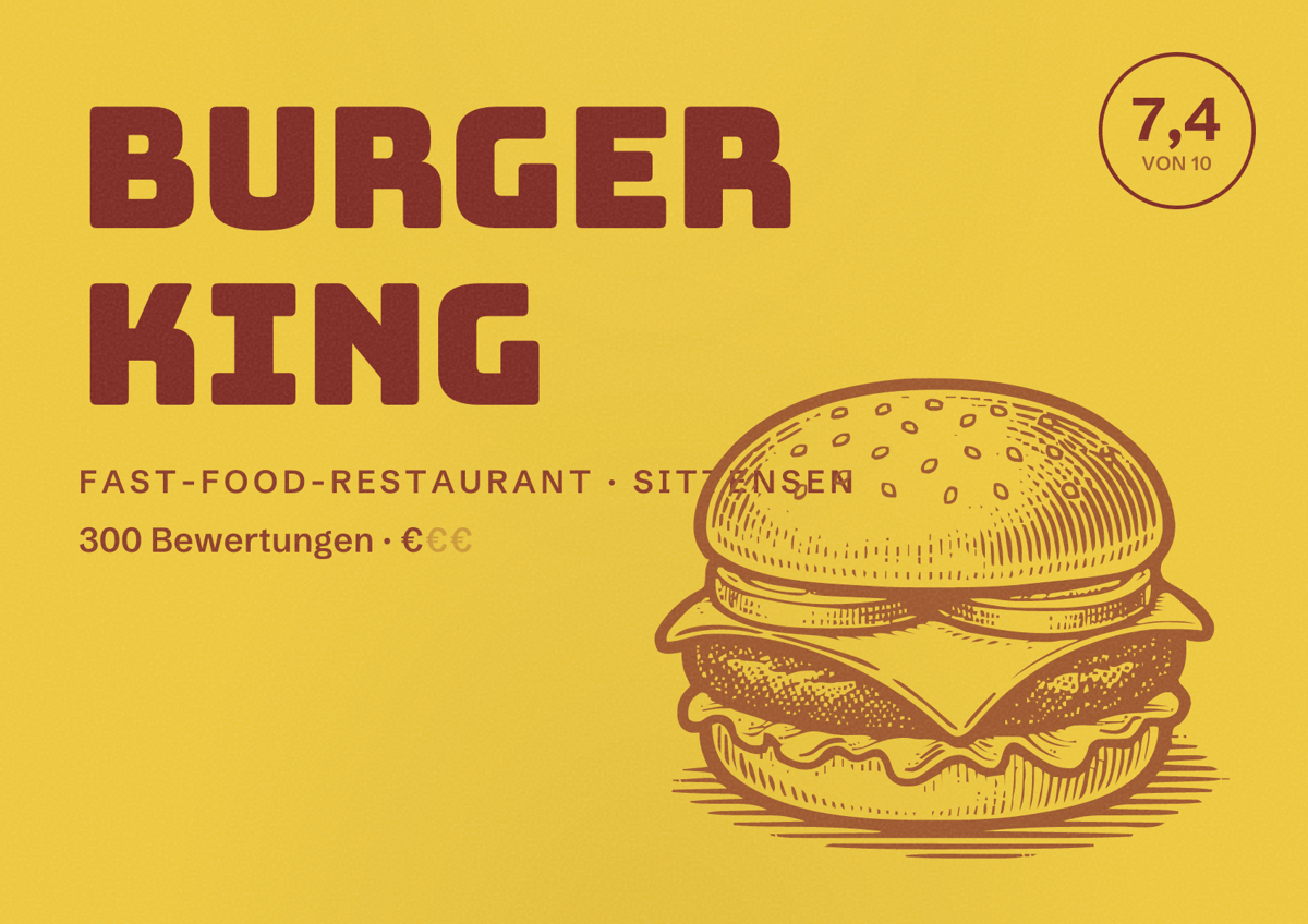 Illustriertes Poster von Burger King, Fast-Food-Restaurant in Sittensen: Bewertung 7,4 von 10 aus 300 Bewertungen, Preisniveau €