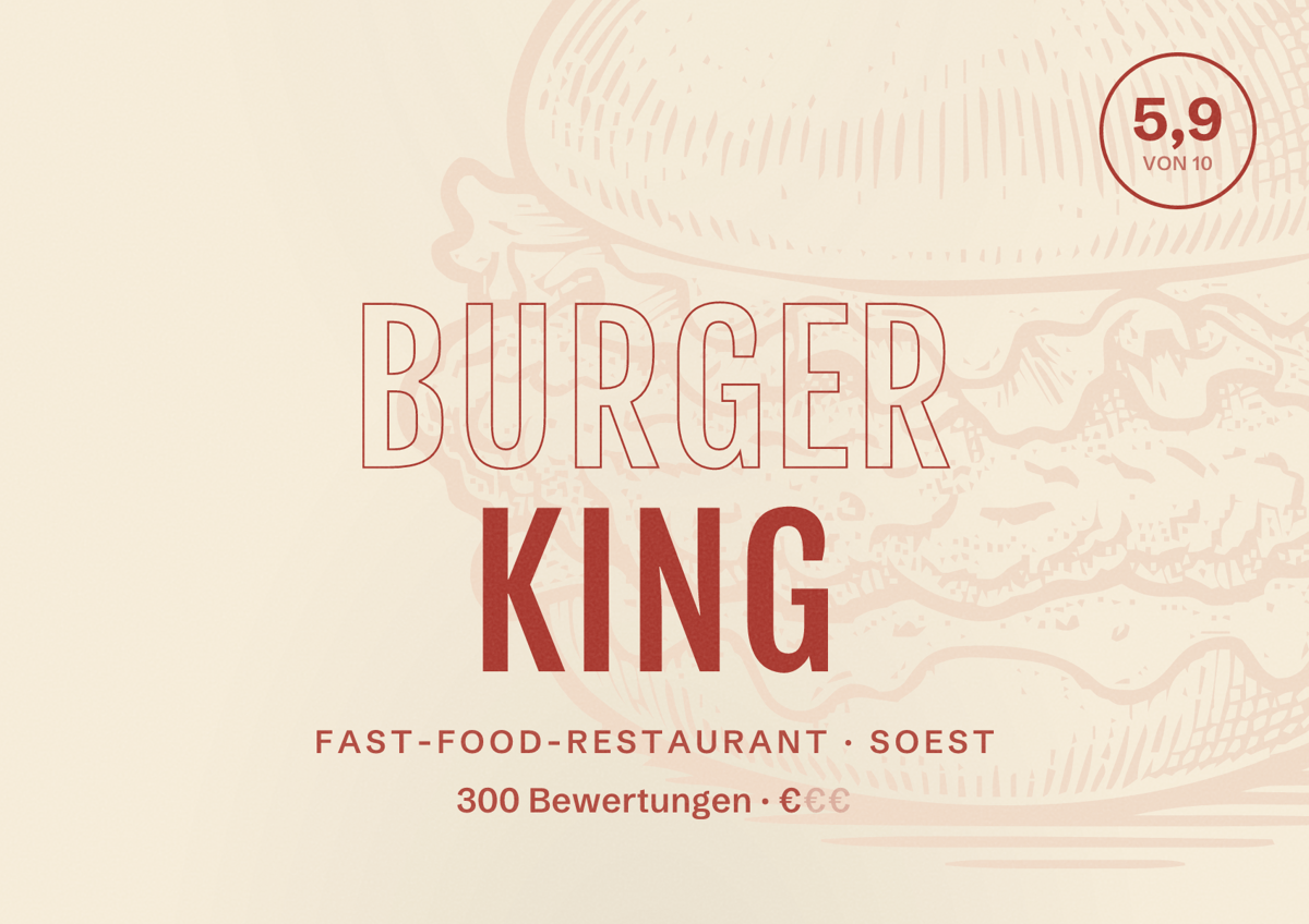 Illustriertes Poster von Burger King, Fast-Food-Restaurant in Soest: Bewertung 5,9 von 10 aus 300 Bewertungen, Preisniveau €