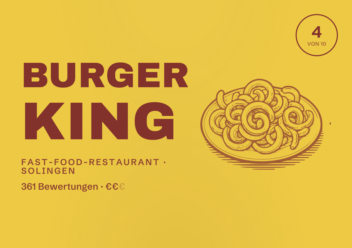 Illustriertes Poster von Burger King, Fast-Food-Restaurant in Solingen: Bewertung 4,0 von 10 aus 361 Bewertungen, Preisniveau €€