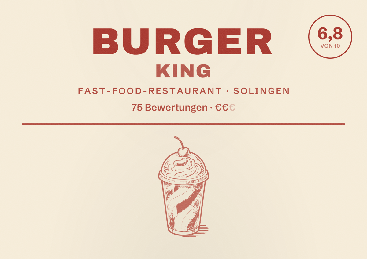 Illustriertes Poster von Burger King, Fast-Food-Restaurant in Solingen: Bewertung 6,8 von 10 aus 75 Bewertungen, Preisniveau €€
