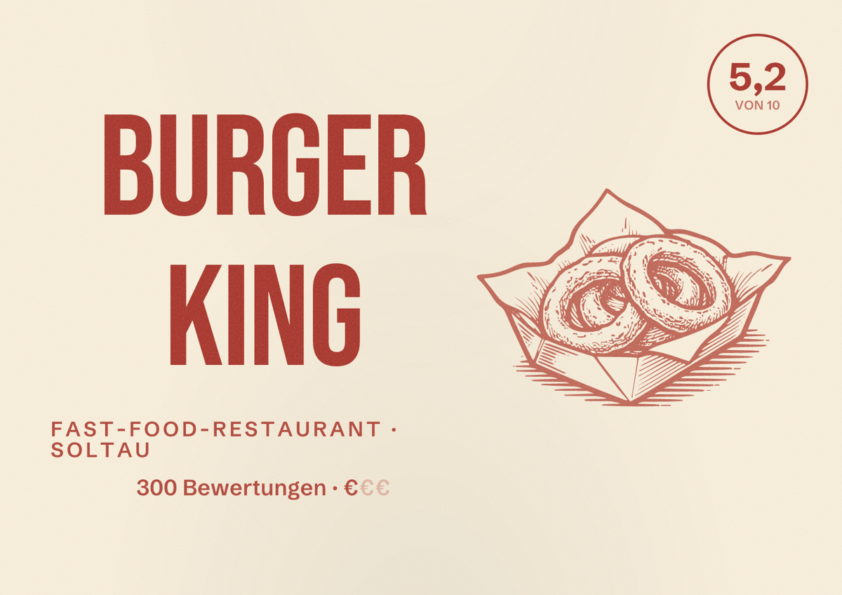 Illustriertes Poster von Burger King, Fast-Food-Restaurant in Soltau: Bewertung 5,2 von 10 aus 300 Bewertungen, Preisniveau €