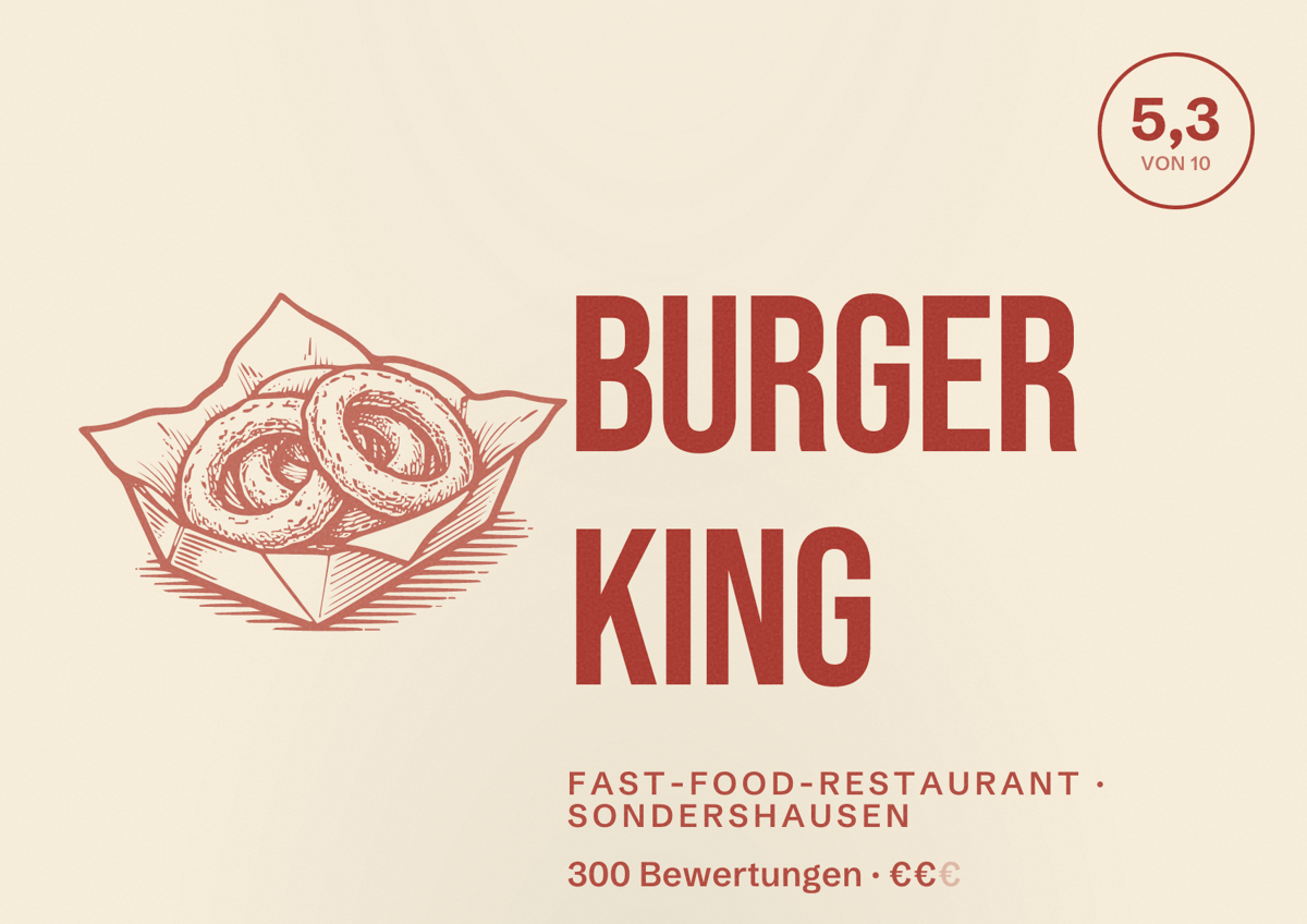 Illustriertes Poster von Burger King, Fast-Food-Restaurant in Sondershausen: Bewertung 5,3 von 10 aus 300 Bewertungen, Preisniveau €€