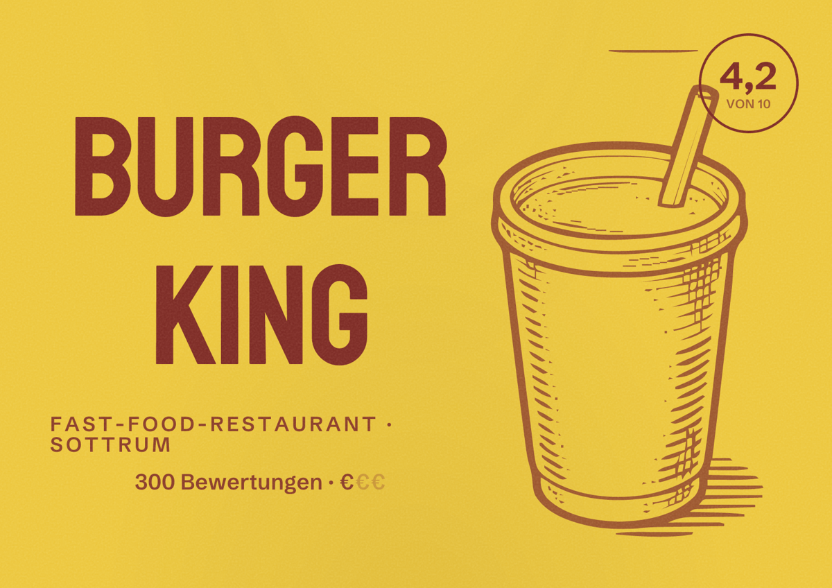 Illustriertes Poster von Burger King, Fast-Food-Restaurant in Sottrum: Bewertung 4,2 von 10 aus 300 Bewertungen, Preisniveau €