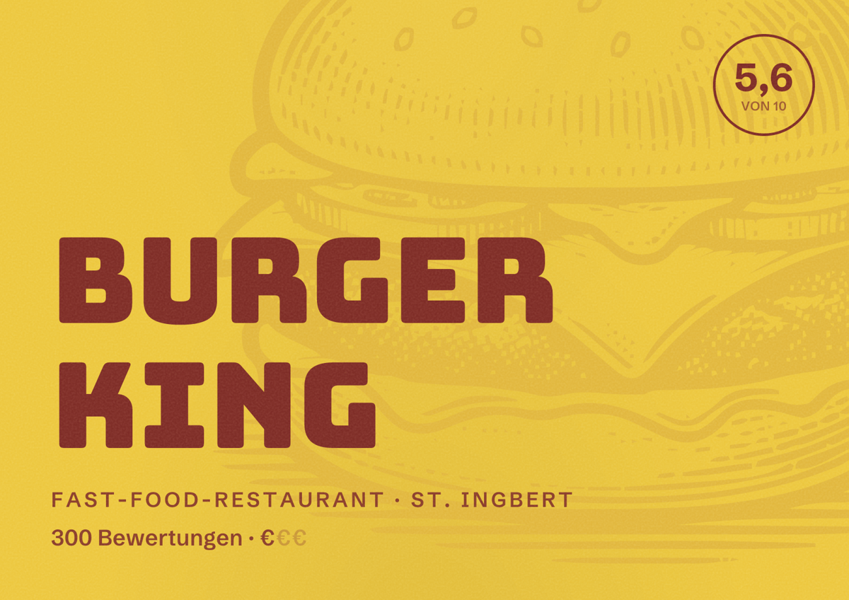 Illustriertes Poster von Burger King, Fast-Food-Restaurant in St. Ingbert: Bewertung 5,6 von 10 aus 300 Bewertungen, Preisniveau €