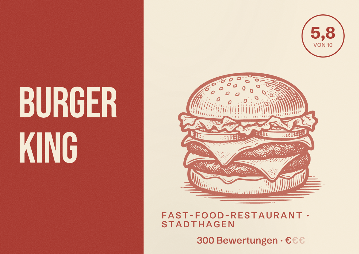Illustriertes Poster von Burger King, Fast-Food-Restaurant in Stadthagen: Bewertung 5,8 von 10 aus 300 Bewertungen, Preisniveau €