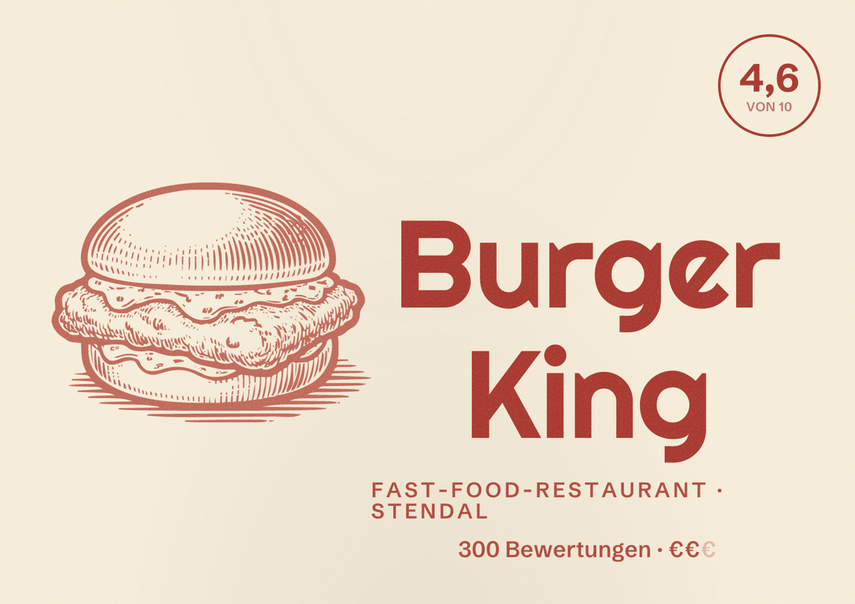 Illustriertes Poster von Burger King, Fast-Food-Restaurant in Stendal: Bewertung 4,6 von 10 aus 300 Bewertungen, Preisniveau €€