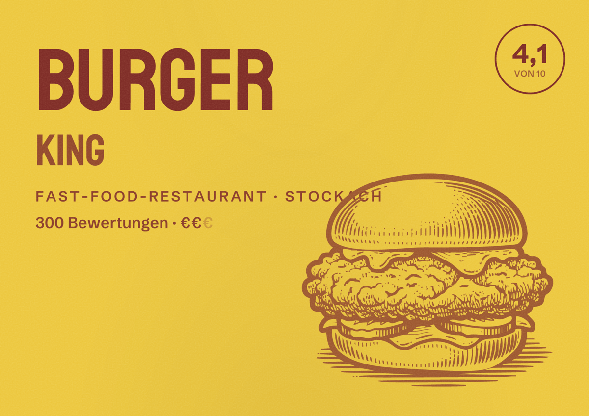 Illustriertes Poster von Burger King, Fast-Food-Restaurant in Stockach: Bewertung 4,1 von 10 aus 300 Bewertungen, Preisniveau €€