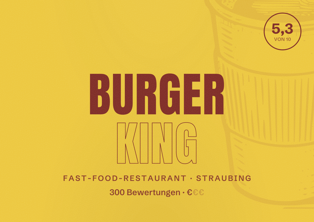 Illustriertes Poster von Burger King, Fast-Food-Restaurant in Straubing: Bewertung 5,3 von 10 aus 300 Bewertungen, Preisniveau €
