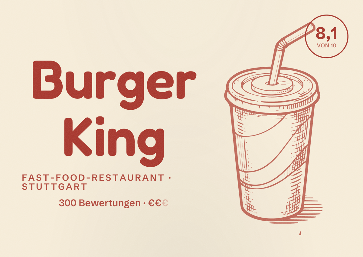 Illustriertes Poster von Burger King, Fast-Food-Restaurant in Stuttgart: Bewertung 8,1 von 10 aus 300 Bewertungen, Preisniveau €€