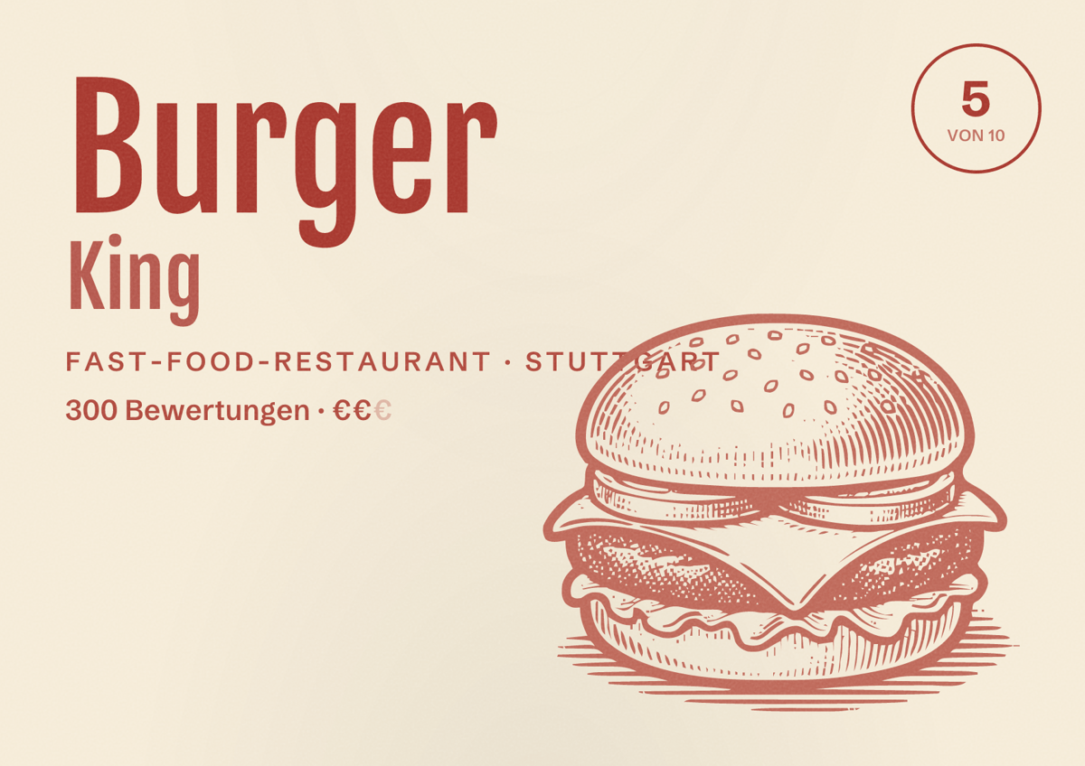 Illustriertes Poster von Burger King, Fast-Food-Restaurant in Stuttgart: Bewertung 5 von 10 aus 300 Bewertungen, Preisniveau €€