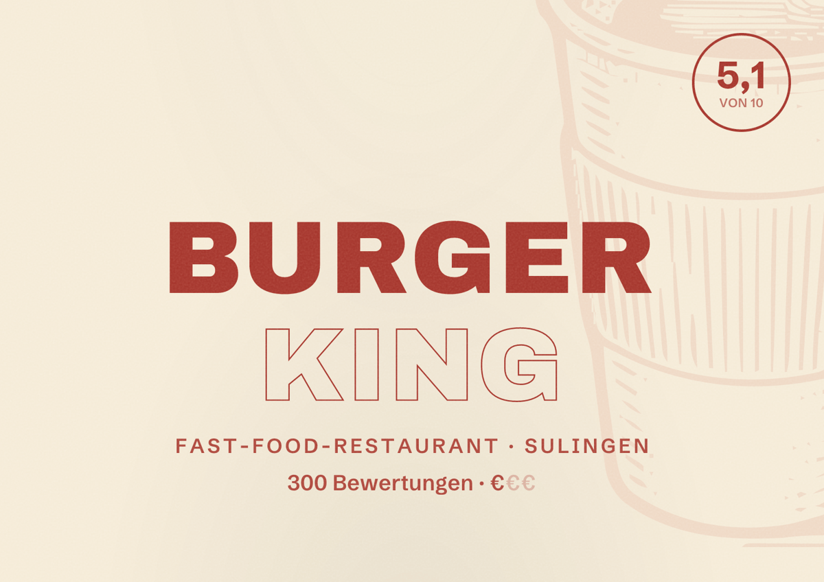 Illustriertes Poster von Burger King, Fast-Food-Restaurant in Sulingen: Bewertung 5,1 von 10 aus 300 Bewertungen, Preisniveau €