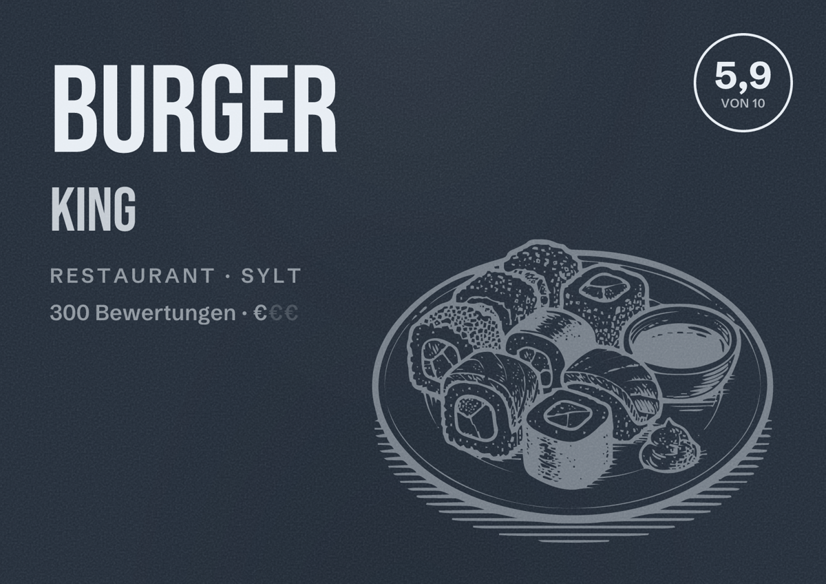 Illustriertes Poster von Burger King, Restaurant in Sylt: Bewertung 5,9 von 10 aus 300 Bewertungen, Preisniveau €