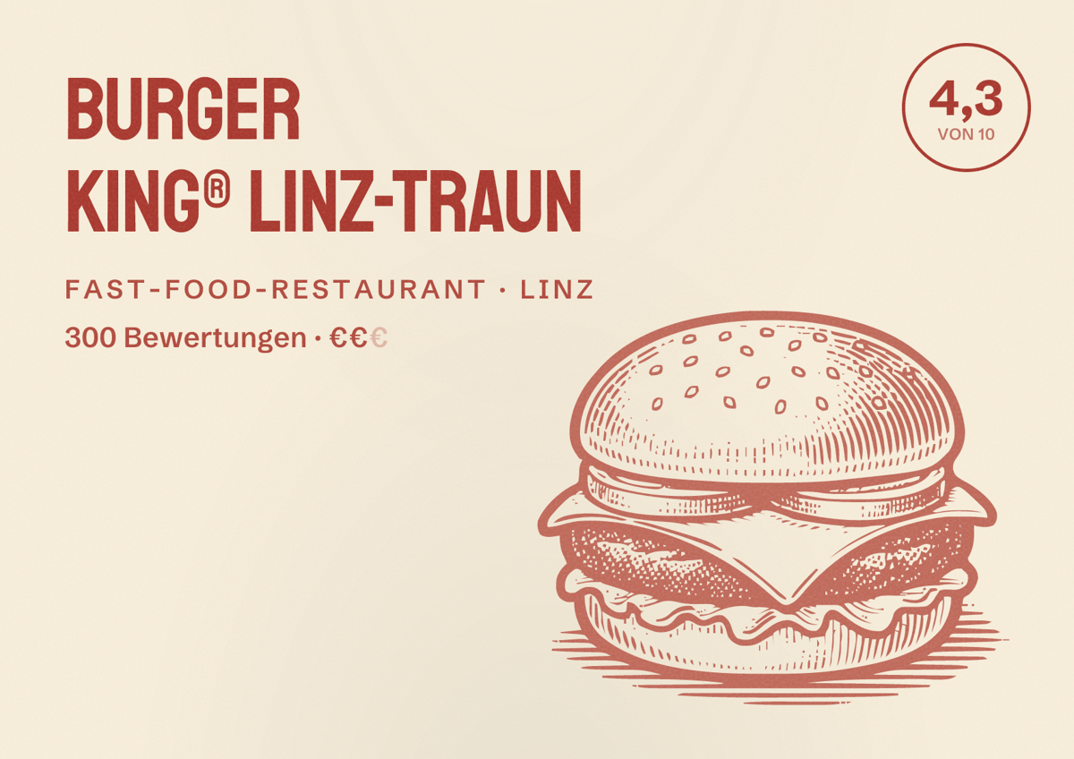 Illustriertes Poster von BURGER KING® Linz-Traun, Fast-Food-Restaurant in Linz: Bewertung 4,3 von 10 aus 300 Bewertungen, Preisniveau €€