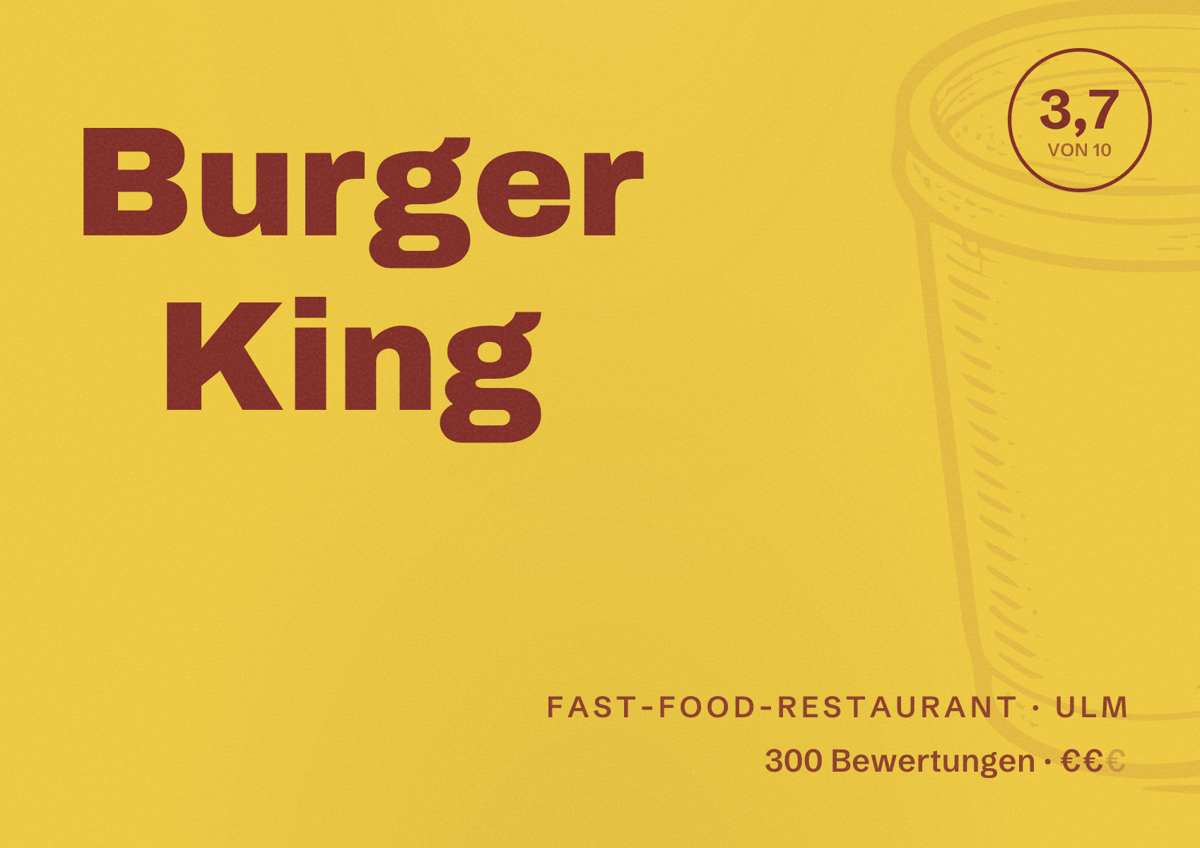 Illustriertes Poster von Burger King, Fast-Food-Restaurant in Ulm: Bewertung 3,7 von 10 aus 300 Bewertungen, Preisniveau €€