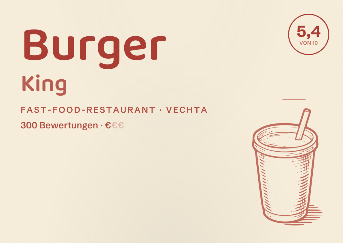 Illustriertes Poster von Burger King, Fast-Food-Restaurant in Vechta: Bewertung 5,4 von 10 aus 300 Bewertungen, Preisniveau €